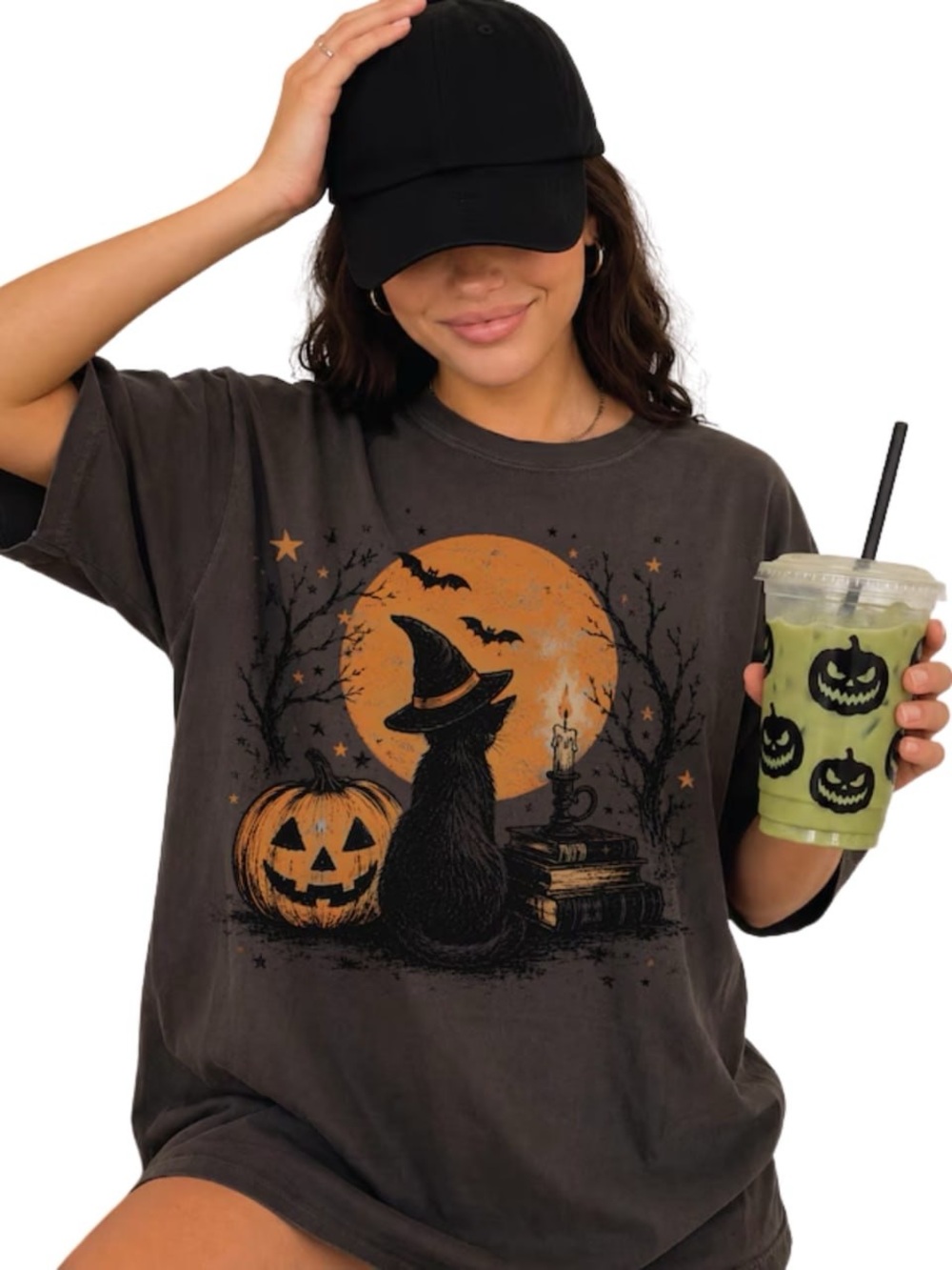 Black and Orange Cat Witch Halloween Tee